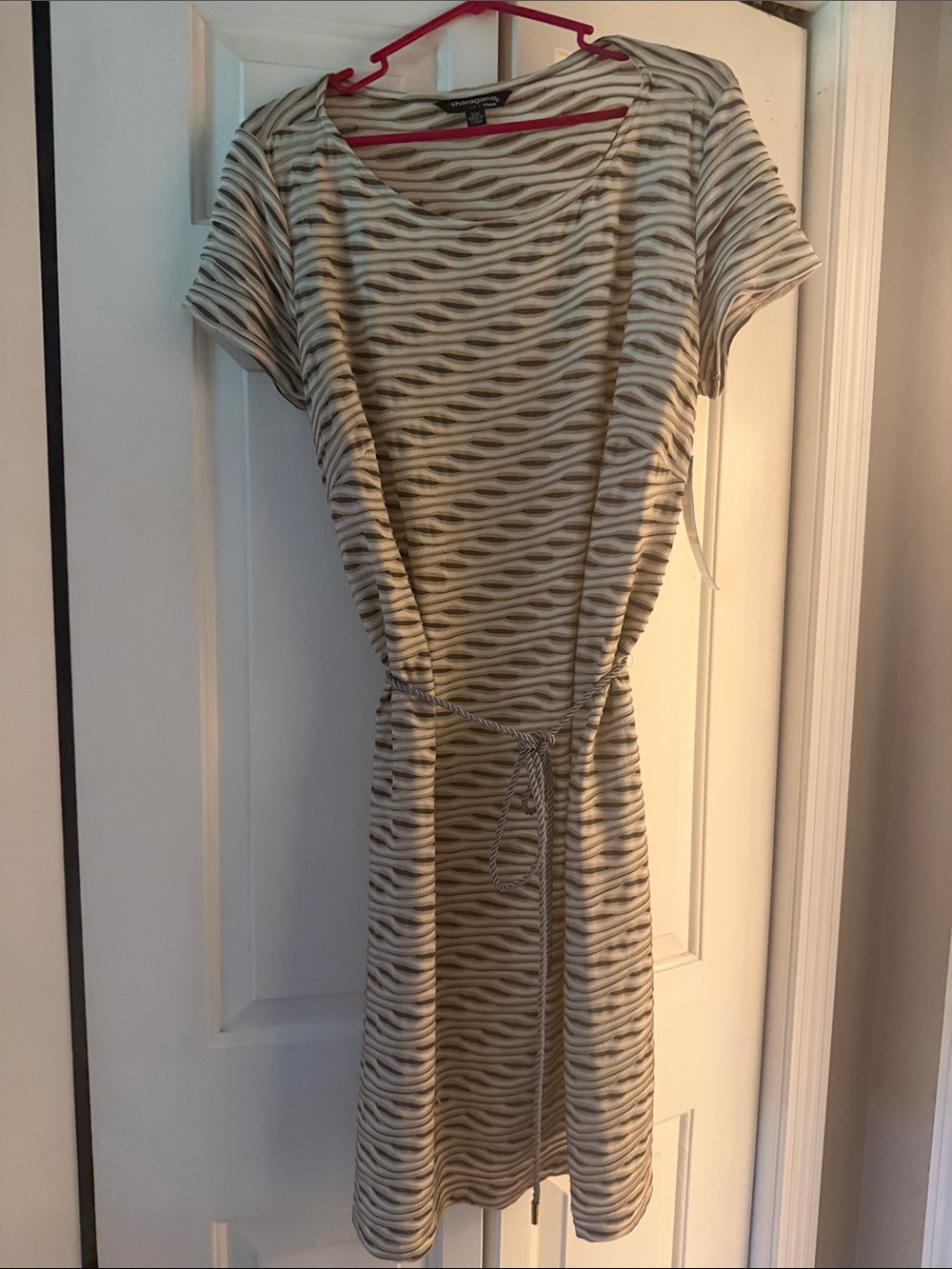 Sharagano Beige and Cream Striped Tie-Waist Short Sleeve Dress